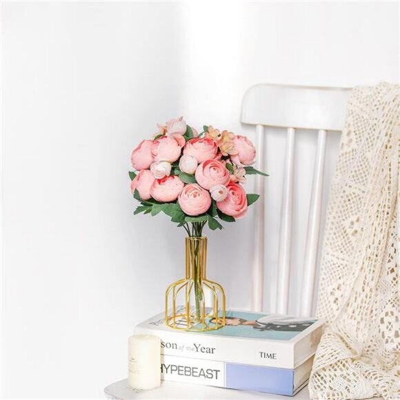 Artificial Flower Decor with Gold Vase Fake Peony Flowers (Champagne Pink) - Picture 6 of 12